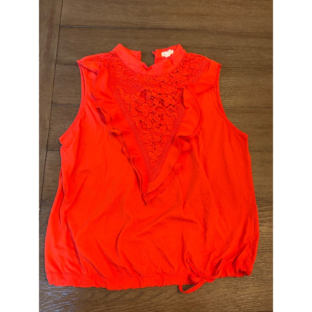 Boho TINY Lace Bib Ruffle Mock Neck Top Womens Small Coral Orange Sleeveless